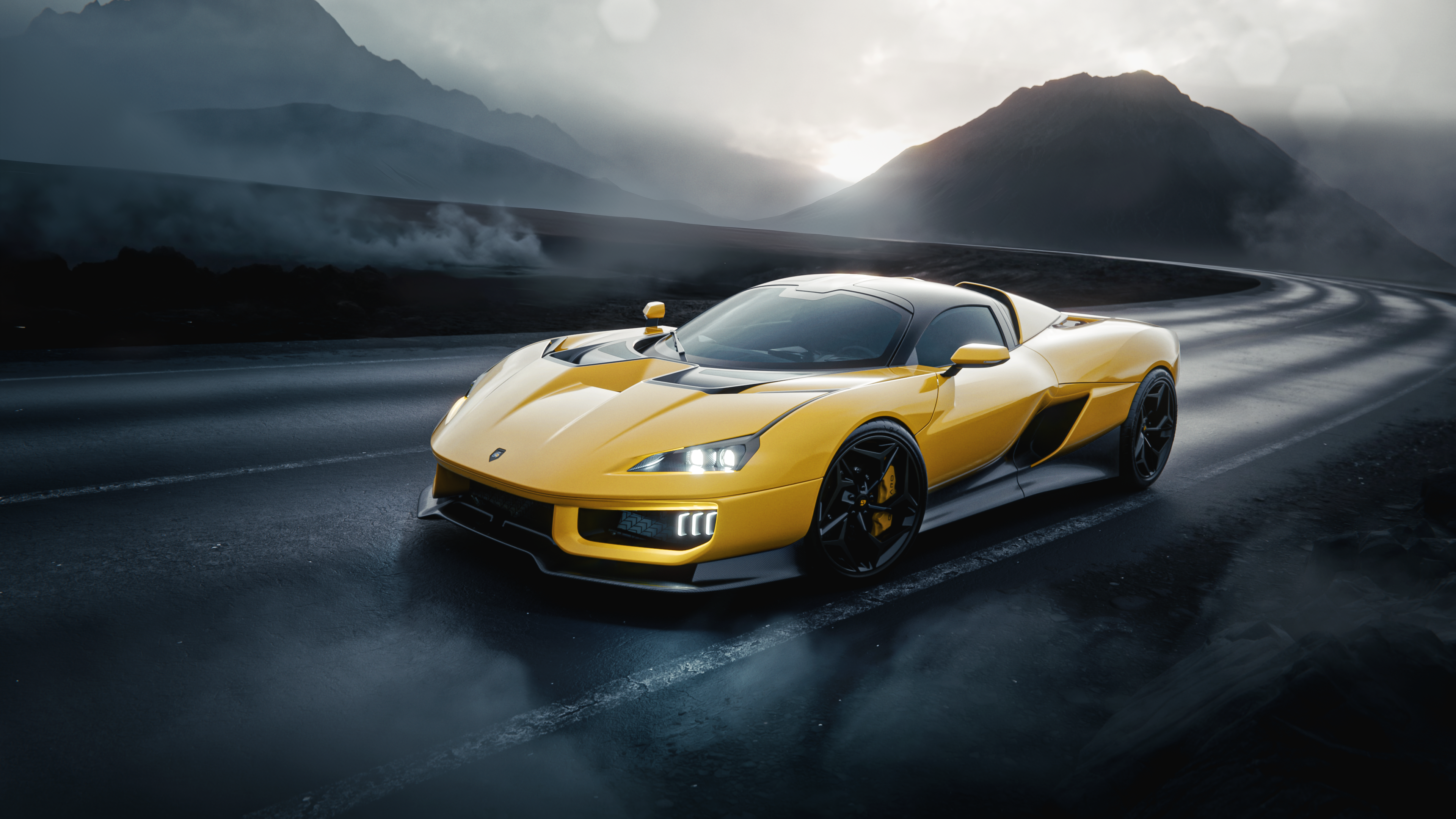 A yellow Giamaro Katla hypercar on a winding road with mountains in the background.