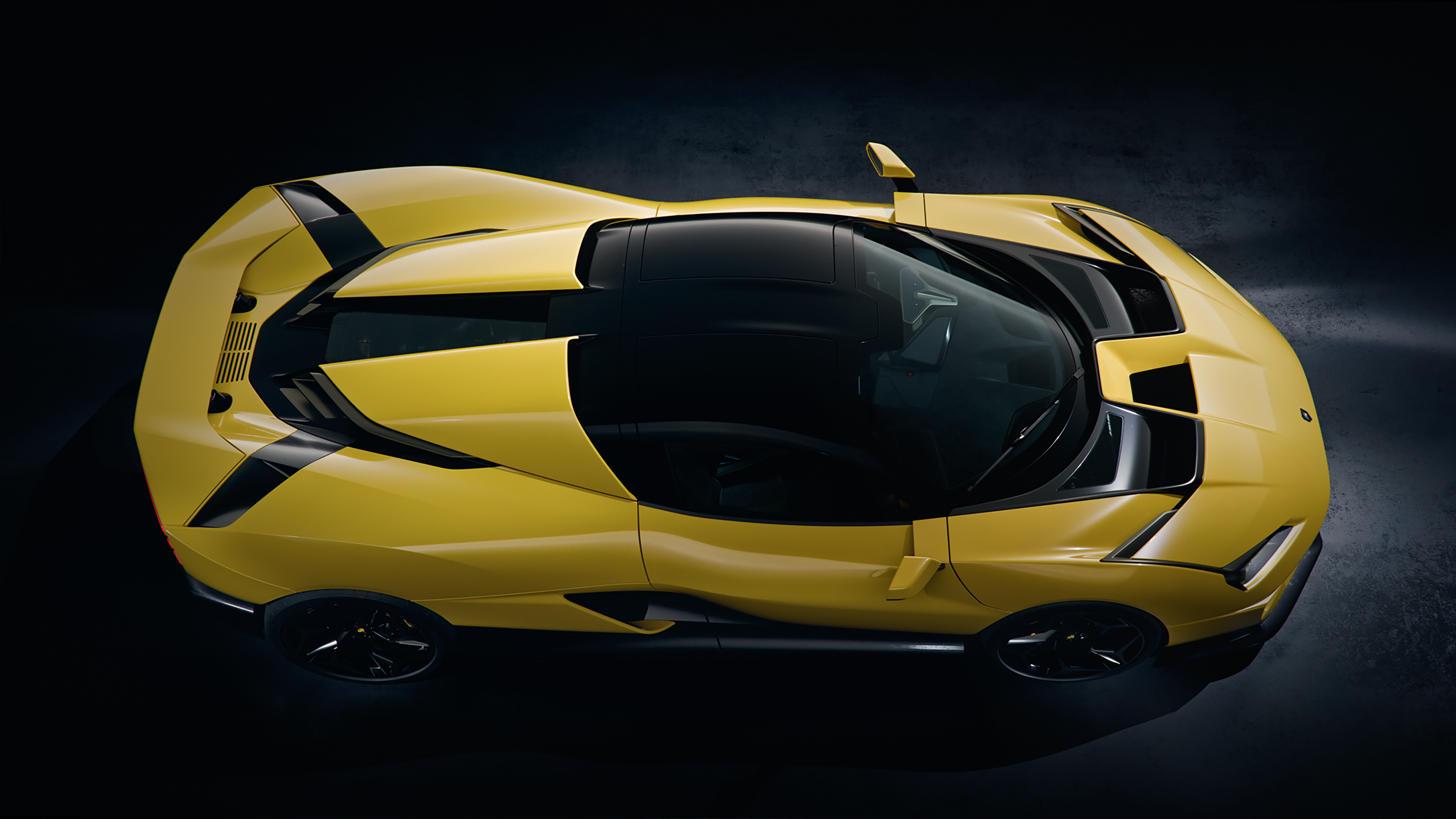 A top-down view of the yellow Giamaro Katla hypercar.